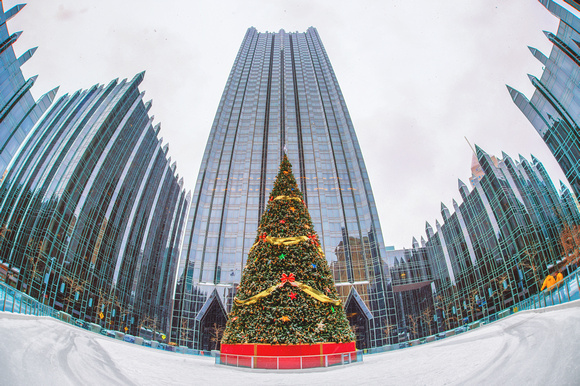 Fisheye view of PPG Place and the Christmas tree at ice level