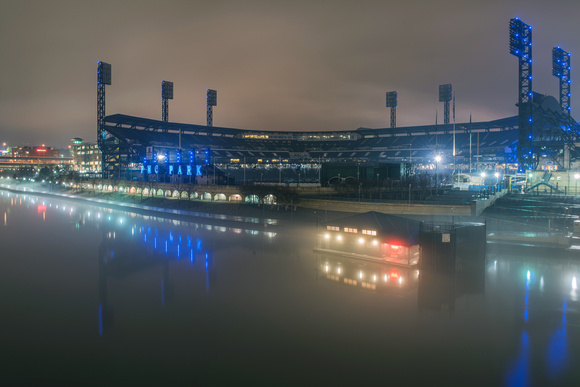 PNC Park covered in fog in Pittsburgh