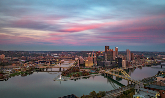 A cotton candy sky provides the perfect backdrop for Pittsburgh at sunset