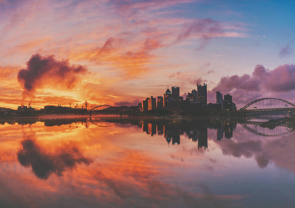 Panorama of a colorful sunrise in Pittsburgh