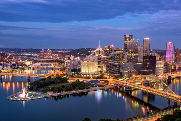 Downtown Pittsburgh is lit up just after dark
