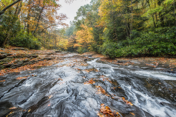 View at Ohiopyle State Park looking down the natural rock slides in fall HDR