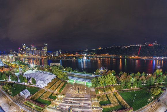Fisheye view of Pittsburgh from the roof of Heinz Field at night