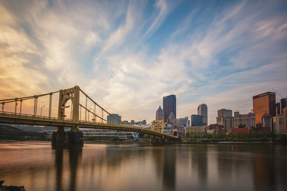 Long exposure during sunrise on the North Shore of Pittsburgh