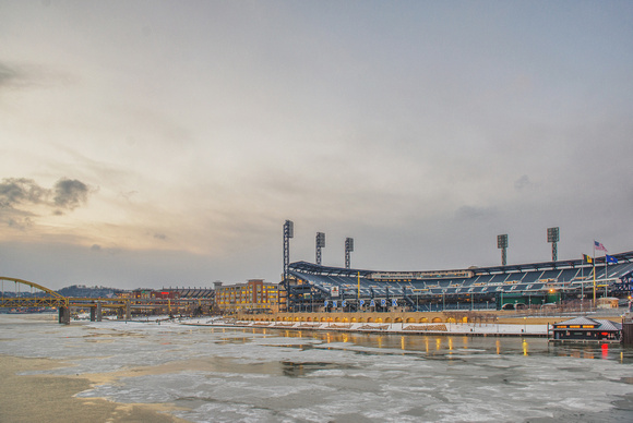 PNC Park on the icy Allegheny River in Pittsburgh winter