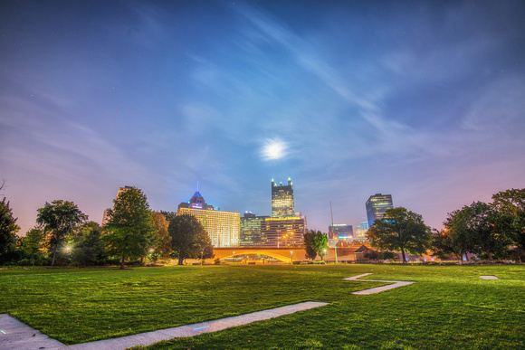 The moon over Pittsburgh from Point State Park HDR