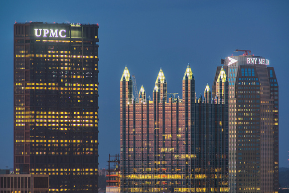 Downtown Pittsburgh rises into the blue hour