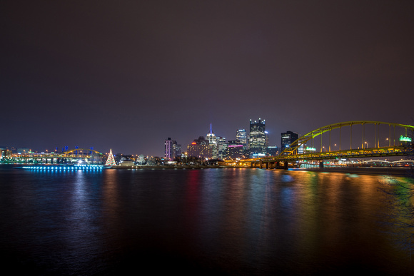 Wide angle view of Pittsburgh from the South Shore at Christmas