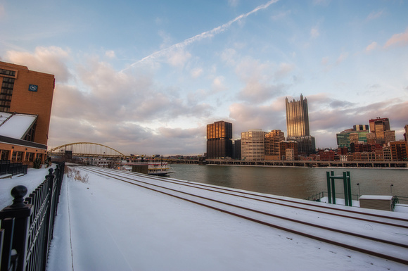 A view of the snowy Pittsburgh skyline from Station Square in Pittsburgh