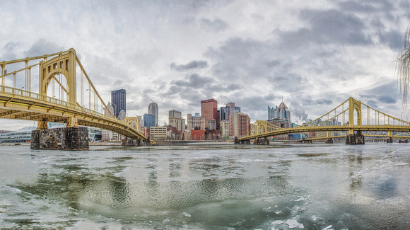A panorama of the icy Allegheny River in Pittsburgh