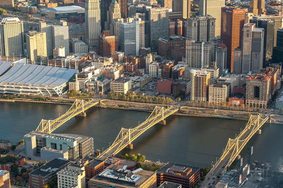 Aerial view of the Three Sister Bridges in Pittsburgh