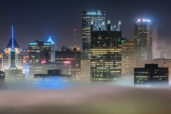 Close view of Pittsburgh rising from the fog