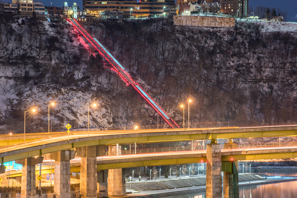 The Duquesne Incline light trails in the snow