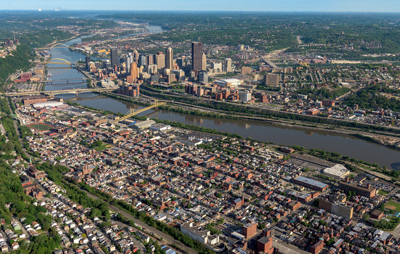 Aerial view of the South Side and Pittsburgh skyline