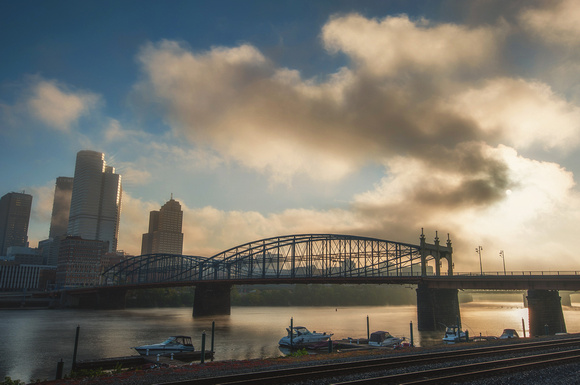 The sun rises over the Smithfield Street Bridge in Pittsburgh