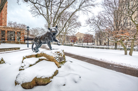 Cathderal of Learning Pitt Panther statue in the snow HDR