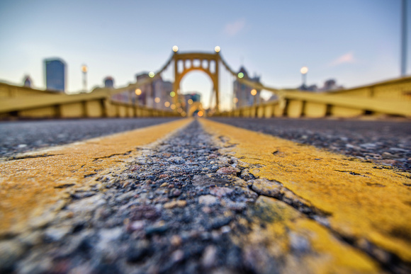 The Roberto Clemente Bridge and the out of focus Pittsburgh skyline HDR