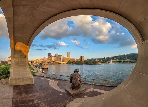 Panorama of the Mr. Rogers Statue on the North Shore of Pittsburgh