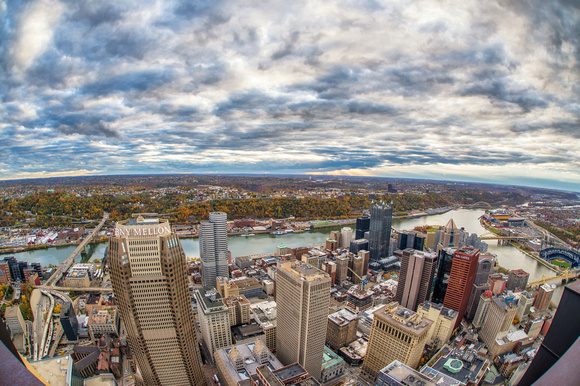 A fisheye view of the Pittsburgh skyline from the roof of the Steel Building HDR