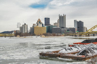 A snow covered barge on the South Shore of Pittsburgh