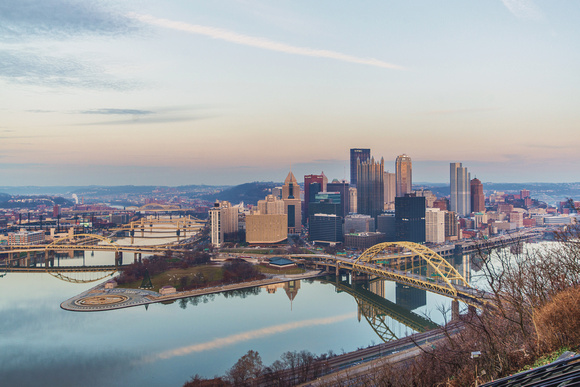 A pastel Pittsburgh skyline as seen from Mt. Washington