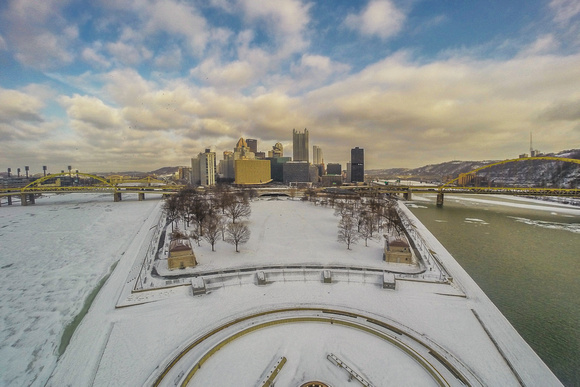 View of a snowy Pittsburgh above Point State Park