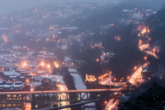 A glow on the South Side Slopes in Pittsburgh in the snow