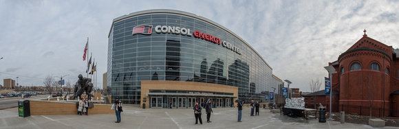 A panorama of the front of the home of the Pittsburgh Penguins, CONSOL Energy Center