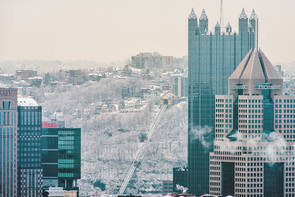 The Monongahela Incline and the PPG Building in a snowy Pittsburgh