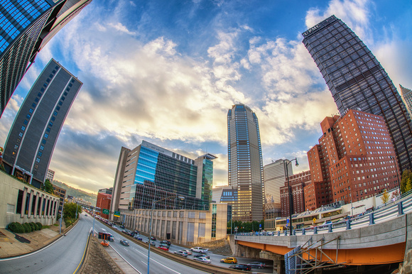 Fisheye view of downtown Pittsburgh at dusk HDR