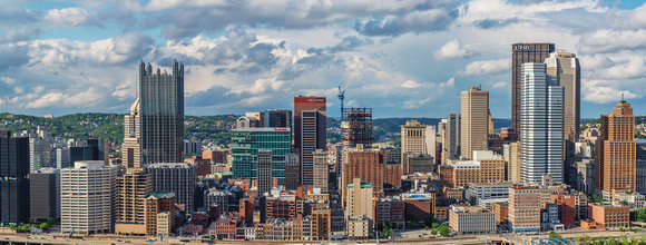 Close up panorama of downtown Pittsburgh on a sunny day
