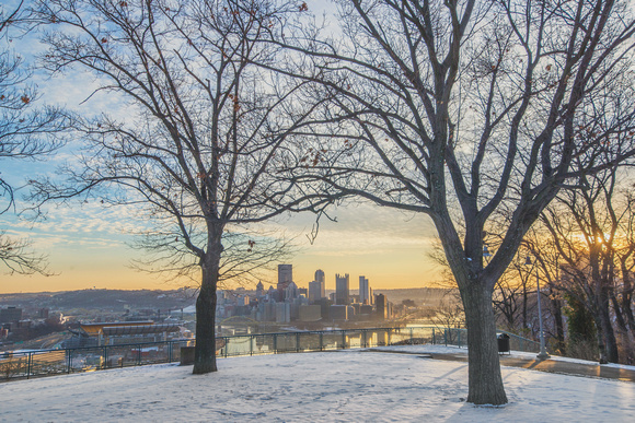Pittsburgh framed by tree on at dawn on the West End Overlook