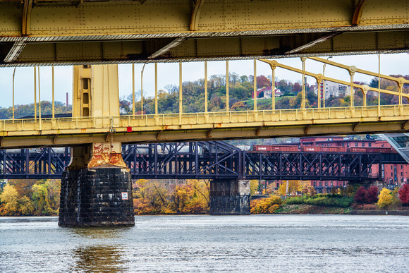 Looking under the Sister Bridges in Pittsburgh in the fall