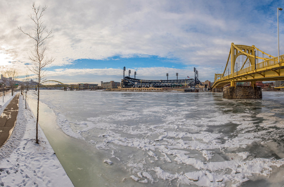Panorama of the Clemente Bridge and PNC Park by an icy Allegheny River