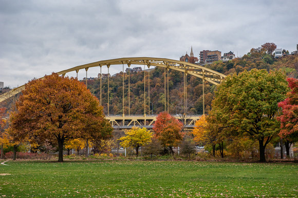 The Ft. Pitt Bridge surrounded by fall colors in Pittsburgh