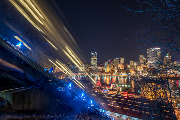 The Monongahela Incline traverses Mt. Washington at night in Pittsburgh