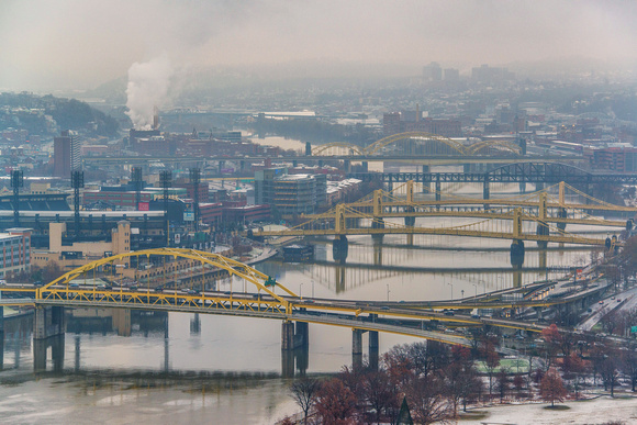 A view up the Allegheny River on a snowy day in Pittsburgh