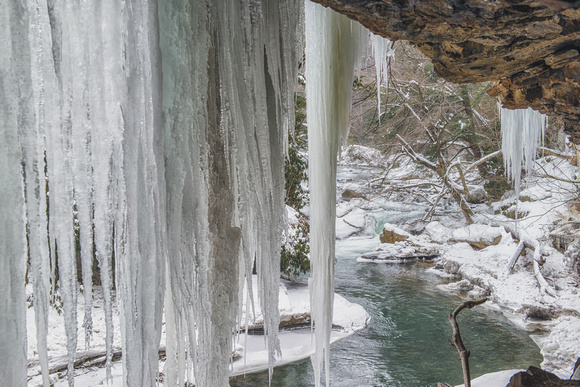 Underneath a wall of ice at Ohiopyle State Park