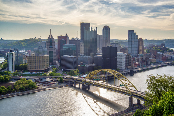 The sun shines over the Pittsburgh skyline from Mt. Washington