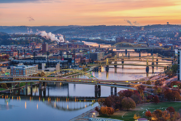 Looking up the Allegheny River on a colorful morning in Pittsburgh