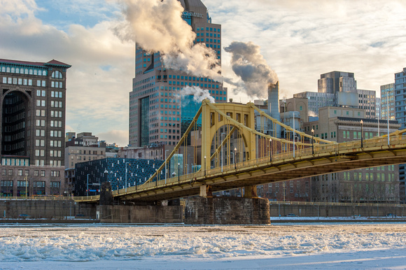 The Roberto Clemente Bridge in Pittsburgh over an icy Allegheny River