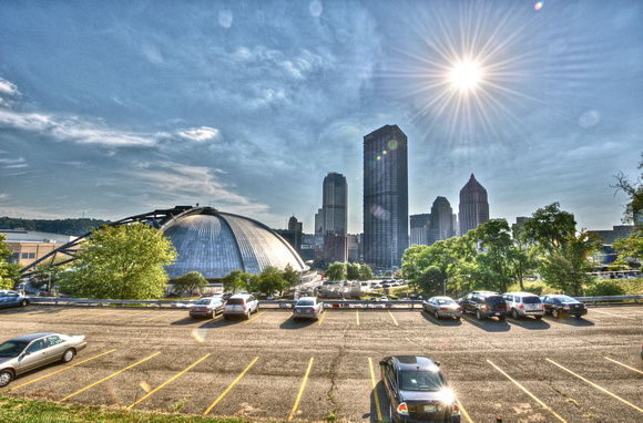Civic Arena and Pittsburgh skyline with sunflare HDR