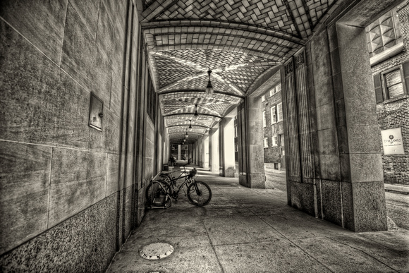 Alley with bike B&W HDR