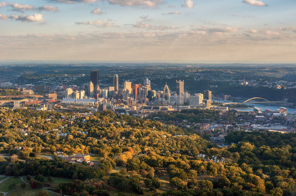 An aerial view of Pittsburgh at sunset from the North Hills