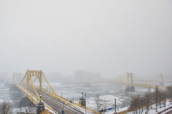 The Sister Bridges in Pittsburgh during a snowstorm