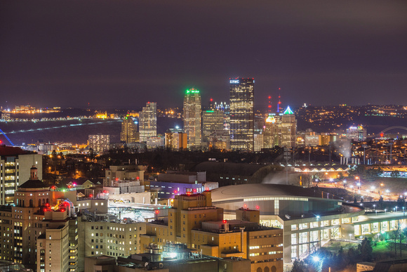 The Pittsburgh skyline at night from the Cathedral of Learning