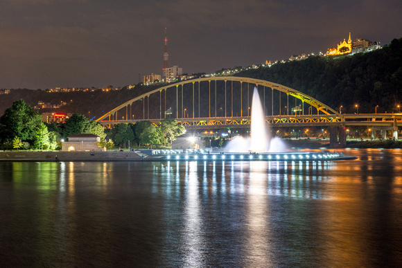 The fountain at Point State Park in Pittsburgh reflects on the night of the Supermoon