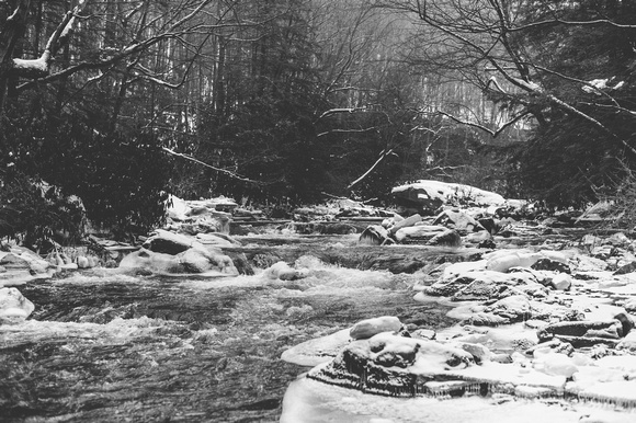 Black and white view up the stream at Ohiopyle State Park