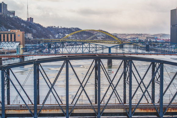 Bridges above the icy Monongahela River in Pittsburgh