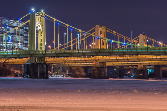 The Sister Bridges over an icy Allegheny River in Pittsburgh